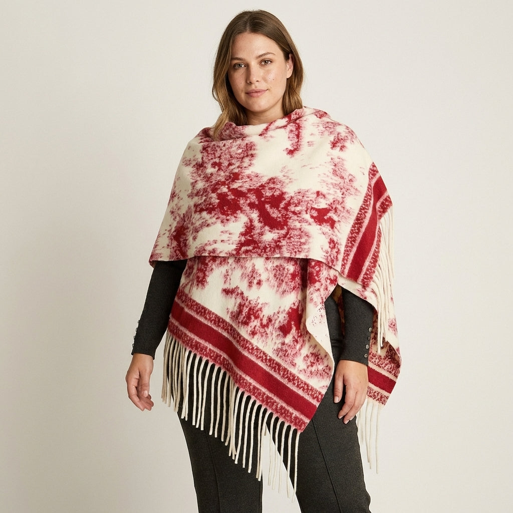 Poncho Rojo con Estampado Abstracto y Flecos en Tejido